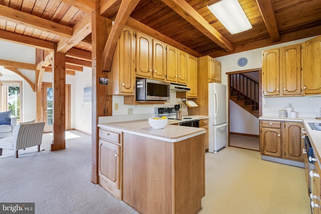 5112 Shore Dr, Huntingtown, MD 20639 - kitchen with a peninsula, electric range, freestanding refrigerator, under cabinet range hood, and stainless steel microwave