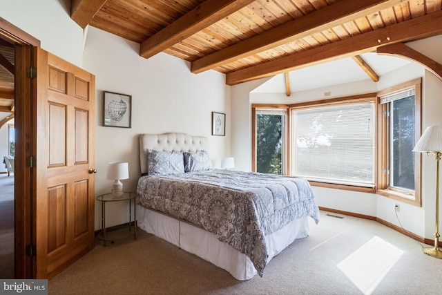 5112 Shore Dr, Huntingtown, MD 20639 - bedroom featuring baseboards, visible vents, beam ceiling, light carpet, and wooden ceiling