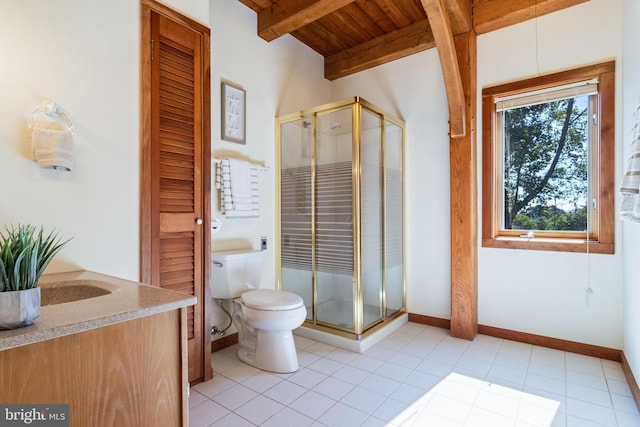5112 Shore Dr, Huntingtown, MD 20639 - full bathroom with wooden ceiling, beamed ceiling, toilet, and a stall shower