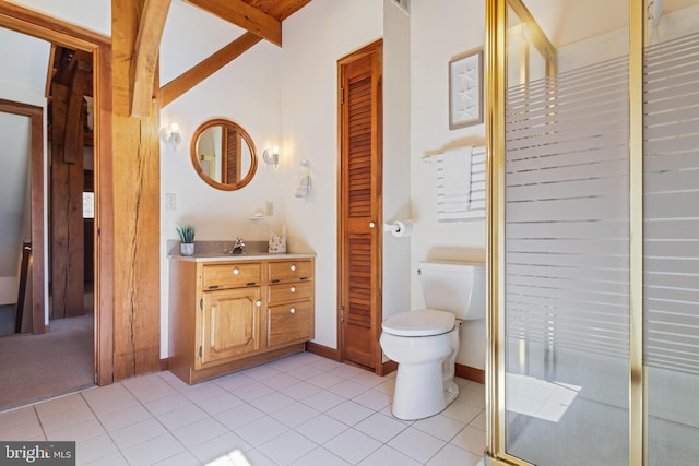 5112 Shore Dr, Huntingtown, MD 20639 - bathroom featuring tile patterned floors, beam ceiling, toilet, and vanity