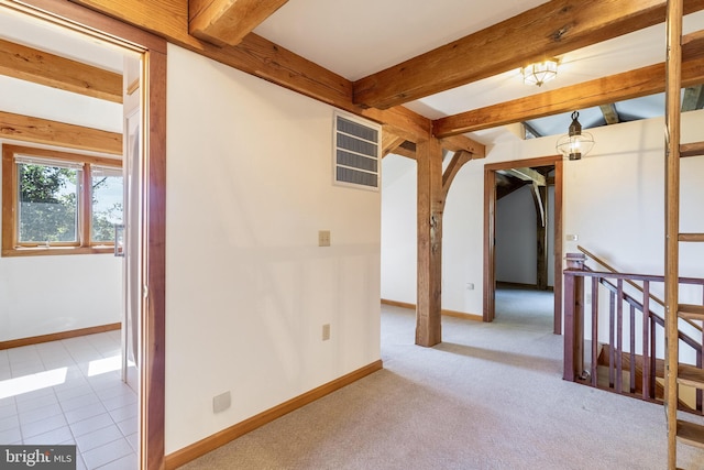5112 Shore Dr, Huntingtown, MD 20639 - carpeted empty room featuring beam ceiling, visible vents, and baseboards