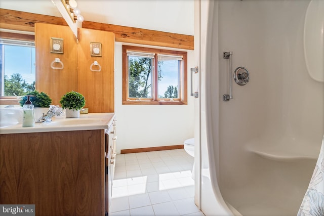 5112 Shore Dr, Huntingtown, MD 20639 - full bath featuring walk in shower, toilet, a healthy amount of sunlight, and vanity