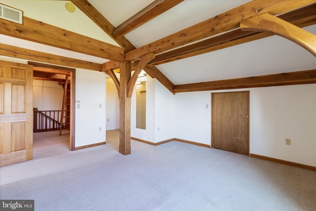 5112 Shore Dr, Huntingtown, MD 20639 - interior space with lofted ceiling with beams, visible vents, baseboards, and carpet