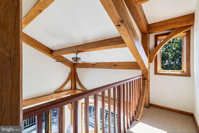 5112 Shore Dr, Huntingtown, MD 20639 - hallway featuring carpet flooring, baseboards, and vaulted ceiling with beams
