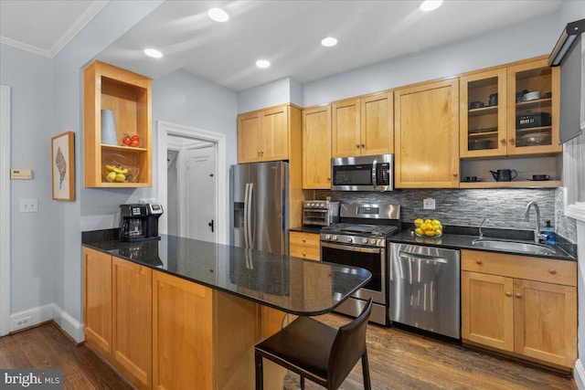 2652 Woodley Pl NW, Washington, DC 20008 - kitchen with stainless steel appliances, a sink, open shelves, a peninsula, and crown molding