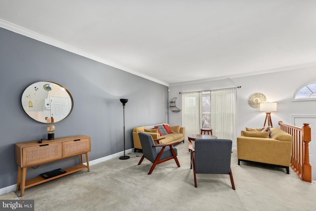 living area featuring carpet floors, ornamental molding, and baseboards