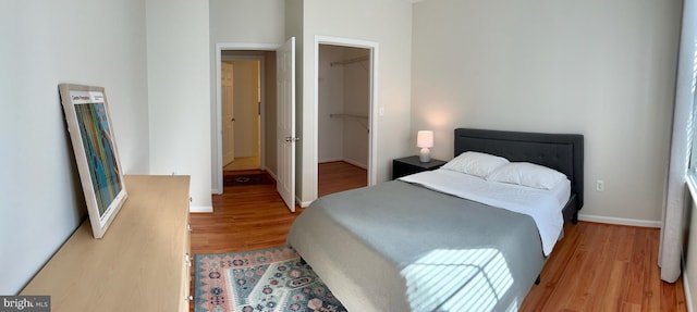 bedroom with light wood-style floors, a spacious closet, baseboards, and a closet