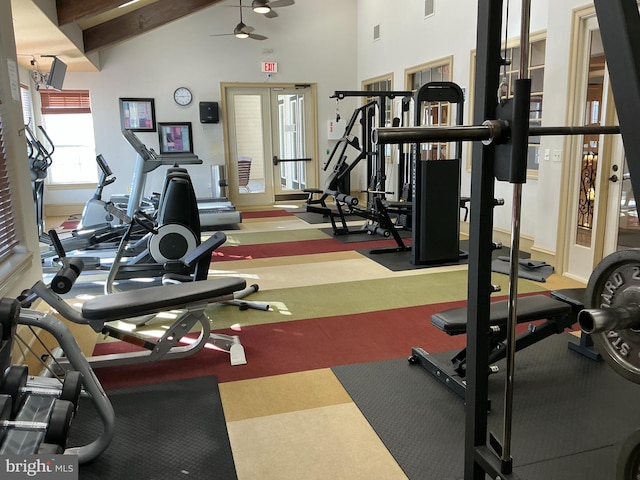 gym with visible vents, high vaulted ceiling, a ceiling fan, and french doors