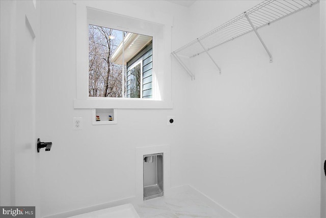 laundry area featuring laundry area, baseboards, marble finish floor, hookup for an electric dryer, and washer hookup