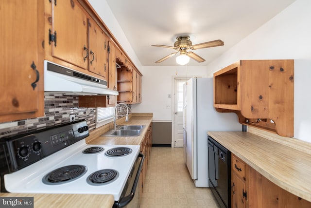 kitchen with under cabinet range hood, a sink, electric range oven, open shelves, and dishwasher