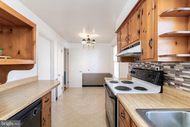 kitchen with light countertops, electric range, open shelves, and under cabinet range hood