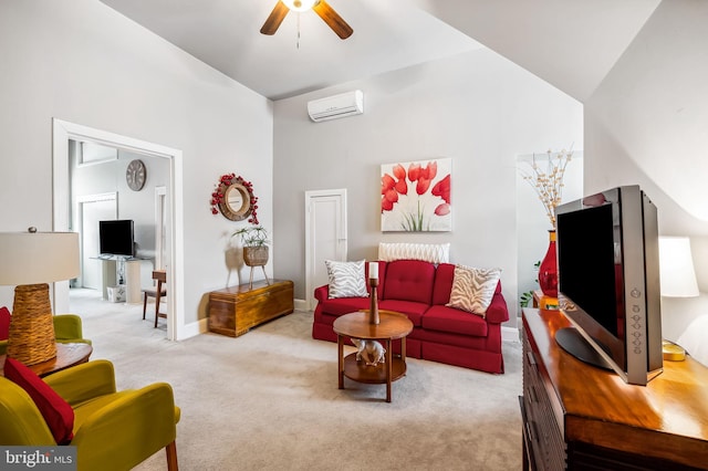 living room featuring baseboards, a ceiling fan, a wall unit AC, carpet flooring, and high vaulted ceiling