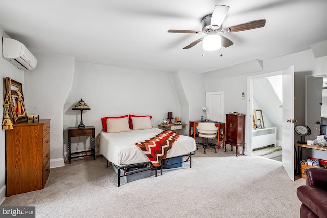 bedroom with carpet floors, a wall unit AC, a ceiling fan, and radiator