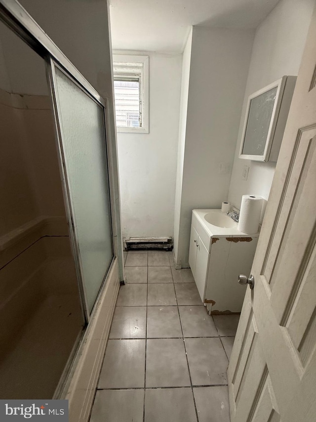 1924 Castor Ave, Philadelphia, PA 19134 - bathroom with vanity, a shower with shower door, and tile patterned floors