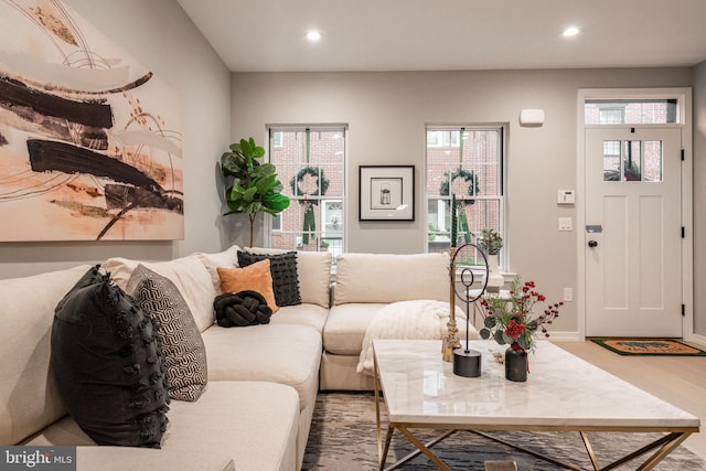 living area featuring baseboards, wood finished floors, and recessed lighting