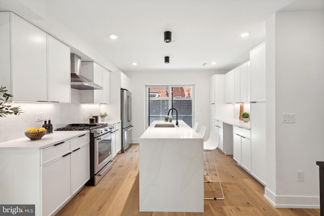 kitchen featuring a sink, wall chimney exhaust hood, light wood finished floors, high end appliances, and an island with sink