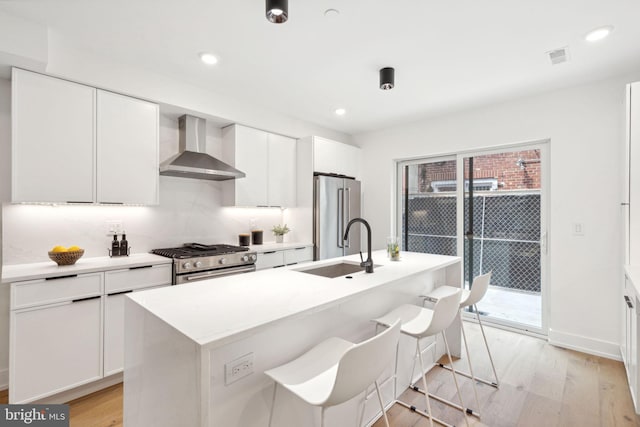 kitchen with wall chimney exhaust hood, appliances with stainless steel finishes, light wood-style floors, white cabinetry, and a sink