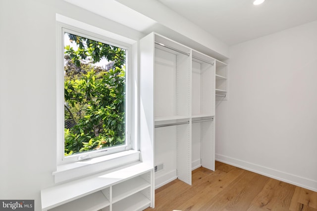 walk in closet with light wood finished floors and visible vents