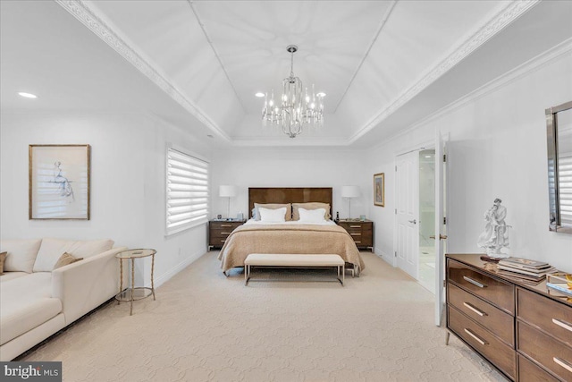 bedroom featuring light carpet, crown molding, baseboards, a raised ceiling, and an inviting chandelier