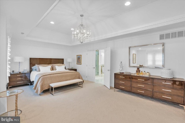 carpeted bedroom with ornamental molding, a tray ceiling, visible vents, and recessed lighting