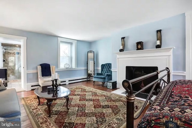 living area featuring a fireplace with flush hearth, a baseboard radiator, and wood finished floors