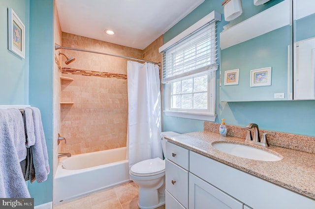 full bath with toilet, shower / tub combo with curtain, tile patterned flooring, vanity, and recessed lighting