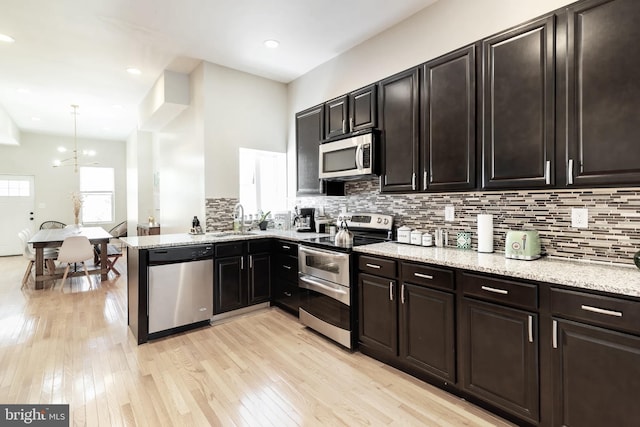 kitchen featuring light stone counters, backsplash, stainless steel appliances, light wood-style floors, and a sink