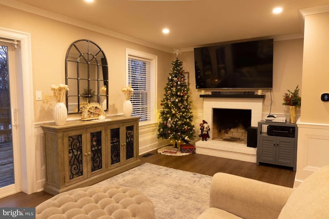 living area with crown molding, a fireplace, wood finished floors, and recessed lighting