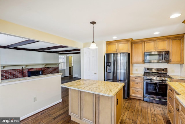 kitchen featuring tasteful backsplash, a kitchen island, dark wood-type flooring, stainless steel appliances, and beam ceiling