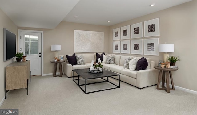 living area featuring carpet floors, recessed lighting, and baseboards