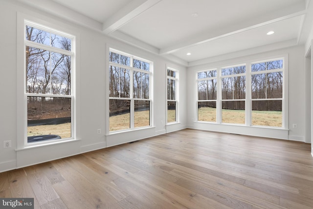 unfurnished sunroom featuring visible vents and beam ceiling