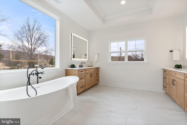 full bath featuring a freestanding tub, vanity, baseboards, marble finish floor, and a tray ceiling