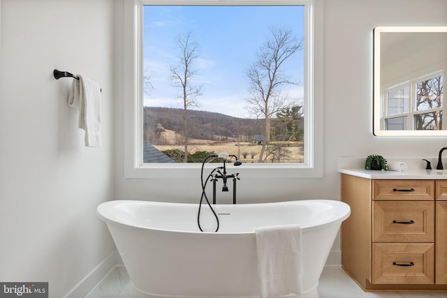 bathroom featuring a soaking tub, plenty of natural light, and vanity