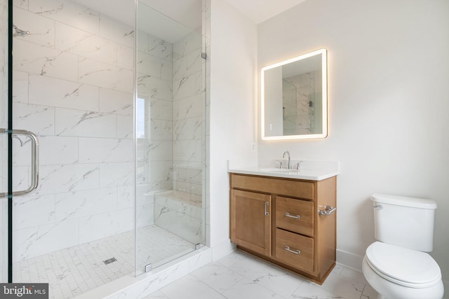 full bath with marble finish floor, toilet, a shower stall, vanity, and baseboards