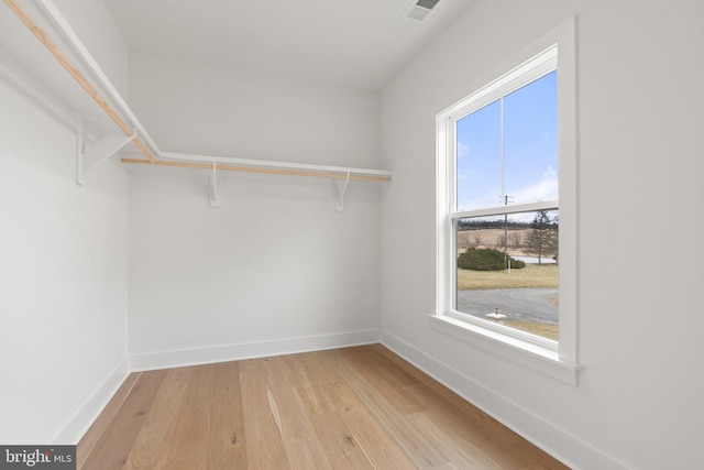 spacious closet featuring visible vents and light wood-style flooring