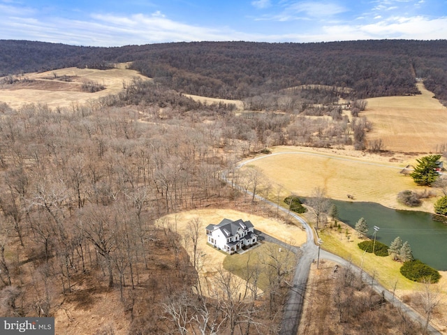 birds eye view of property with a wooded view and a rural view