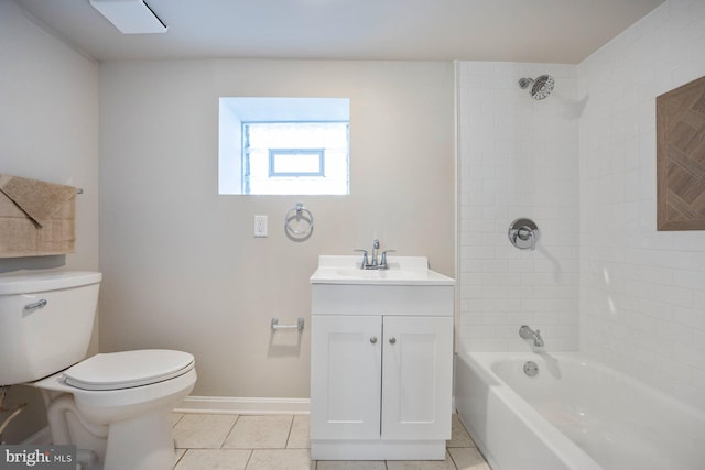 bathroom with toilet, washtub / shower combination, tile patterned flooring, baseboards, and vanity