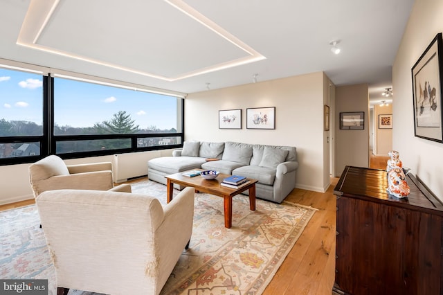 living room featuring a tray ceiling, baseboards, and light wood finished floors