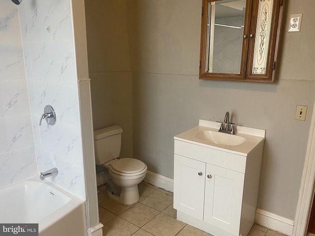 full bath featuring bathing tub / shower combination, toilet, vanity, baseboards, and tile patterned floors