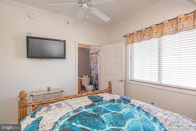 bedroom featuring connected bathroom, a ceiling fan, and crown molding