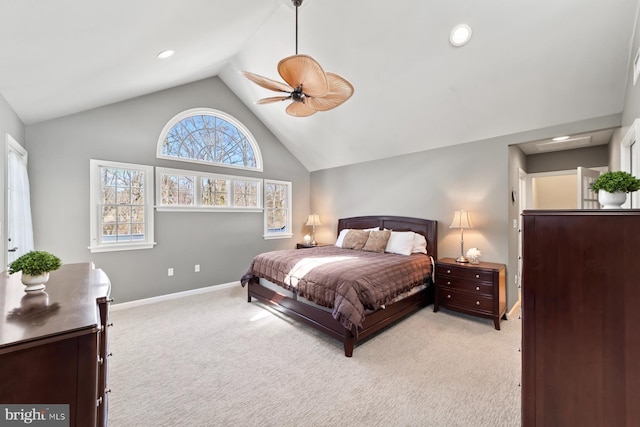 carpeted bedroom with recessed lighting, baseboards, high vaulted ceiling, and ceiling fan