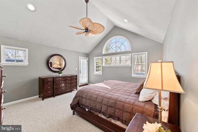 bedroom featuring recessed lighting, carpet floors, baseboards, ceiling fan, and vaulted ceiling