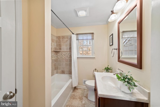 full bathroom featuring visible vents, crown molding, toilet, vanity, and shower / bathtub combination with curtain