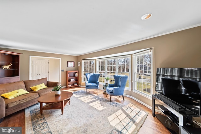 living room featuring wood finished floors, baseboards, and ornamental molding