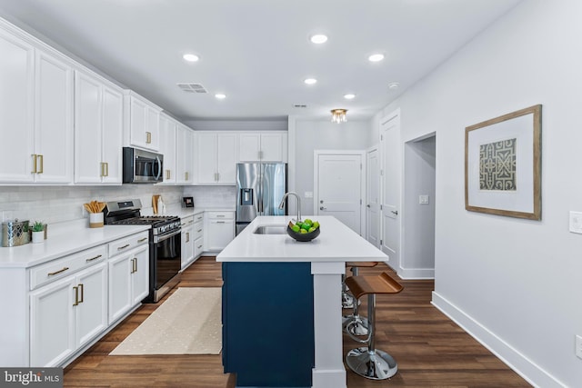 kitchen with a sink, visible vents, white cabinets, appliances with stainless steel finishes, and backsplash