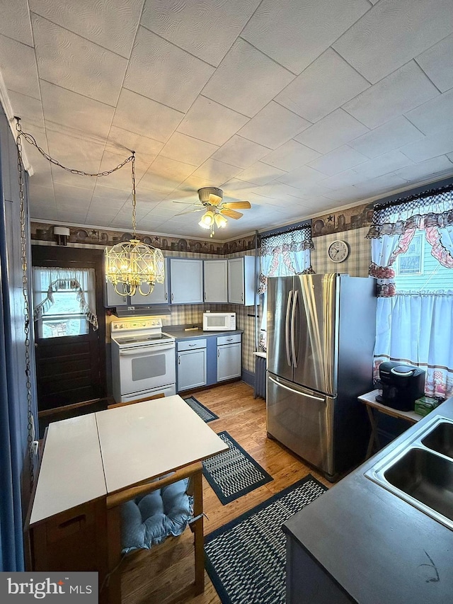 kitchen with white appliances, light wood-style flooring, a sink, and ceiling fan with notable chandelier