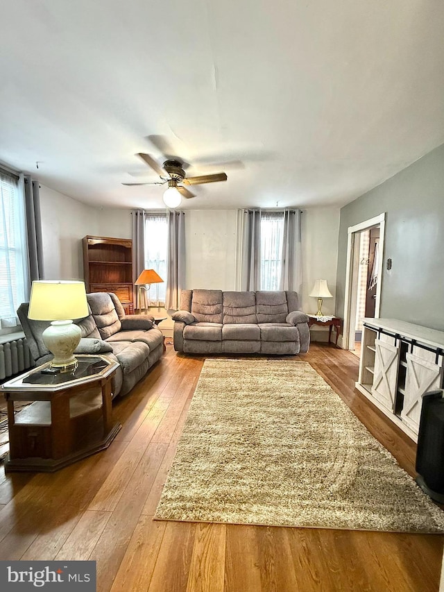 living room with ceiling fan and hardwood / wood-style floors