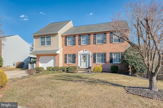 colonial home with concrete driveway, brick siding, an attached garage, and a front lawn