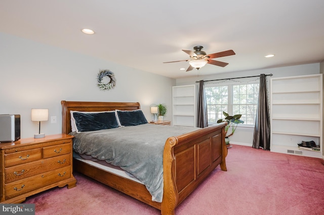 bedroom featuring light colored carpet, visible vents, ceiling fan, and recessed lighting