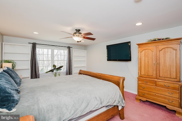 carpeted bedroom with a ceiling fan, recessed lighting, and baseboards